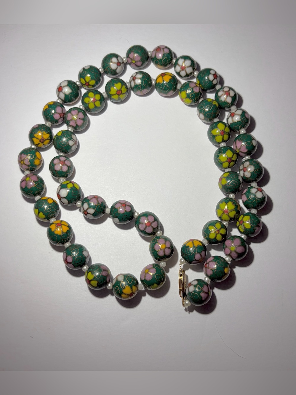Vintage Hand Painted Green Floral Cloisonné Bead Necklace